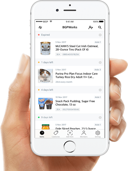 BEEP app screens for scanning a barcode and tracking expiry dates